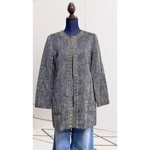 CHICO'S‎ Blazer Jacket Duster Topper Coat Tweed Jeweled Hook Metallic Thread
